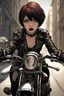 Placeholder: vampire girl with short cropped hair riding a cafe racer motorcycle