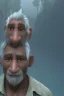 Placeholder: 3D render of a cyberpunk tribal old man, gray hair and goatee, on a dark blue jungle background, digital art