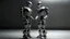 Placeholder: Surrealism.. Create an image featuring two humanoid robots holding hands. One robot should have a shiny light gray finish, while the other should have an opaque dark gray appearance. Both robots have their heads slightly tilted downwards, giving a mechanical and somewhat contemplative look. The setting is minimalistic, focusing on the contrast between the robots' finishes and their human-like connection. Contemporary art.