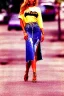 Placeholder: year 1996 denim fashion. Loose skirt, low waist. Colors: denim blue, blue, purple, cream, khaki, light green, lilac, plum, orange, terracotta, red, light yellow, lion yellow, pink, dark blue, beige. leopard, Cheetah . Kylie Minogue, Tyra Banks,