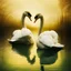 Placeholder: two swans in a romantic lake, dark green and warm yellow color, fantasy atmosphere, photo quality