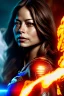 Placeholder: kristin kreuk, head and shoulders portrait, superman clothes, 8k resolution, fog, smoke, fire, particles