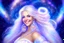 Placeholder: very beautiful cosmic women with white long hair, smiling, with cosmic dress and bright earings. in the background there is a bautiful sky with stars and light beam