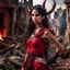 Placeholder: a beautiful tiefling woman with dark hair in a sleeveless battle outfit, amidst the ruins of a medieval town destroyed by war, photo quality, dark red colors