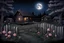 Placeholder: Dry trees, night, full moon, cabin, yard with flowers, fence