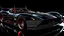 Placeholder: batmobile concept inspired from a 2025 ford mustang dark horse with a large elaborate spoiler and batman symbol style fins, batman symbol in grille, lower wind deflector. red stripes like 1960s adam west batmobile