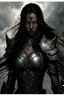 Placeholder: SA female elf with skin the color of storm clouds, deep grey, stands ready for battle. Her long black hair flows behind her like a shadow, while her eyes gleam with a fierce silver light. Despite the grim set of her mouth, there's a undeniable beauty in her fierce countenance. She's been in a fight, evidenced by the ragged state of her leather armor and the red cape that's seen better days, edges frayed and torn. In her hands, she grips two daggers, add dark shadow mystic purple flames