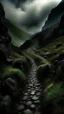 Placeholder: narrow stone path above the ground gradually getting higher into the clouds no railings, dangerous drop people in black leathers medievil period weather is wet spiraling into the clouds fantasy, a valley in mountains with a moon showing in the background human skuo on the sides of the trail