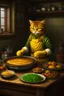 Placeholder: Garfield making lasagna, gothic painting style, resident evil death stranding