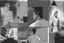 Placeholder: black and white storyboard, wide, on the Foreground there is a man in profile close to the camera and in the background, 3 chefs, scattered throughout the kitchen cooking, frying, cutting