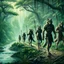 Placeholder: wolf body hair straight walking eight anthropomorphic wolf man hybrid human two with spears in their paws go one after another by pathway in jungle, in the further away a river flows in jungle near the trees, rain, very thick-trunk trees and jungle vegetation, near to them flows a fast river, dark colors, high realistic, detailed, cinematic, sci-fi, fantasy mood