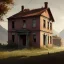 Placeholder: Abandoned house, brick walls, highly detailed, hill in the background, two windows on the front wall, with roof, concept art by Greg Rutkowski