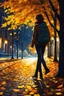 Placeholder: night yellow lights over the street trees autumn leaves under feet ,a Student adult girl with books in her hand walking in street turned back to talk to a boy walks after her few meters away her back