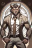 Placeholder: Buff, anthro, wolf, himbo, black fur, gold eyes, wearing a suit, full-body, muscles, strong, muscular, man boobs, bulky, tail