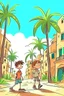 Placeholder: a city with palm trees old and boy walk cartoon