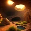 Placeholder: Cave in a desert mountain, hyper realistic, photography, rays, amazing lighting