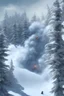 Placeholder: Up close to the foreground is a Man on skees trying to escape the avalanche coming down a the slope. Intense action with a sense of stress. High resolution 3d, 8k, trending on artstation. The snow in the background is overwhelming and the air is thick like smoke.