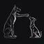 Placeholder: Striking one line art design featuring a side view of a Doberman dog and a man's raised hand in friendly fist bump. The man's arm is isolated, it emphasizes the bond and connection between the two. The Doberman has an affectionate expression. Intense black background. Simple but powerful design, symbolizes the connection between humans and pets