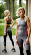 Placeholder: photography of a beautiful anorexic woman, grey satin triathlon top, sports illustrated, blond short wavy bob haircut, pronounced sternum, flat chest, anthracite cycling leggins