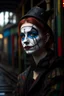 Placeholder: hyper real oil painting portrait of posing harlequin in cable trolley in goth ruins background, zeiss prime lens, bokeh like f/0.8, tilt-shift lens 8k, high detail, smooth render, down-light, unreal engine, prize winning