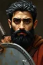 Placeholder: Young, brown eyes, frizzled Black hair, short black beard, plate mail, strong Middle eastern man, olive skin tone, holding a steel shield. drawn art