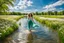 Placeholder: shot from front ,green field and wild flower field ,beautiful girl in pretty dress curly hair walking in water toward camera in trees next to wavy river with clear water and nice sands in floor.camera capture from her full body front, spring blosom walking to camera ,wild flowers moving in the wind ,blue sky,moving pretty clouds ,joy full facet.