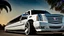 Placeholder: A sleek white shiny (((Customized gangsters lowrider cadillac escalade))), its contours and details perfectly captured in a (((cinematic view))), zipping along a winding road under a beautiful blue black morning sky