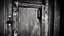 Placeholder: unhinged door, anime, monochrome, black background, ink, simple, maximum quality, broken hinge, barely functioning, why is it still being used it's a health hazard, centered on frame, far