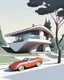 Placeholder: Cartoon of a modern country house, (((Zaha Hadid))) style, trees, two people, car next to it. Complementary colors. 3D