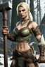 Placeholder: A female bosmer barbarian from Skyrim with dark brown eyes, blonde, short hair, holding orcish sledgehammer in hands