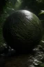 Placeholder: A mysterious old stone sphere in a dark and tranquil bosque with much flora and rain