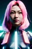 Placeholder: portrait, Asian cyborg woman :: symmetry photography, cyberpunk style, pink hair, makeup, line eye, light iris, :: black samurai armor, japanese traditional pattern, wires and circuits, pink, white, black :: cinematic, Ultra realistic, dark scene, soft color, highly detailed, unreal engine 5, RTX, ultra detail, 3d, finely drawn, high definition.