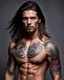 Placeholder: handsome tattooed male warrior age 25 with shoulder length hair and a goatee