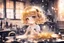 Placeholder: cute chibi anime hairdresser girl cutting hair in a hairdresser saloon in sunshine, watercolor and black ink, sparkling golden glitters, ethereal, cinematic postprocessing, bokeh, dof