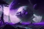 Placeholder: Futuristic Settlement, White Building, Alien Planet, Corrupted Forest, Dense Purple Fog, Dead Soil, Black Night Sky, Stars, Space, Distant Planets