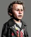 Placeholder: Heath ledger toddler, full body, sneaker, leather jacket, floral shirt, soft skin, dramatic lighting, hyper realistic