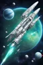 Placeholder: futuristic spacerifle, AR15 style, photorealistic, intricate rocket design, heroic, fun, silver, neongreen and neonblue mixed, space background with planet