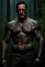 Placeholder: Jason Isaacs Very muscular man with short hair and tribal tattoos in armani suit in forest, realistic face, close-up, dark fantasy, smoke in the sky, intricate details, hyper detailed