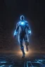 Placeholder: A powerful Super Coder Man, surrounded by a sea of code, with a glowing blue aura radiating from his body.