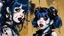 Placeholder: Poster in two gradually, a one side malevolent goth vampire girl face and other side the Singer Melanie Martinez face, painting by Yoji Shinkawa, darkblue and gold tones,