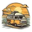 Placeholder: A retro camper van parked by the ocean, nostalgic, carefree, golden hour lighting, T-shirt design graphic, vector, contour, white background.