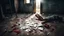 Placeholder: close up photo from a young woman's had with bloody fingers, and shattered glass pieces lies on dirt floor, The room is an old poor villager's abode, pale light, The mood is one of profound melancholy, sad