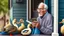 Placeholder: confused older man using cellphone on his porch surrounded by many ducks