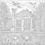 Placeholder: GARDEN HOUSE, "Mystical Mornings: Bring the magic of early mornings to life.", full view, realistic, coloring page, only draw lines, coloring book, clean line art, wildlife-inspired, kid style, –no sketch, color, –ar 3:4, white background, minimalistic black lines, 8k, minimal black color, low level black colors, coloring page, use pure black and white colors, avoid thick black colors, thin black line art, avoid colors, perfect shape, perfect clear lines, clear edges,