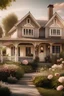 Placeholder: vintage style home with a cottage feel with pops of light pink flowers outside of house realistic