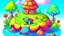 Placeholder: Fantasy cartoon illustration: Near a pond there is a cute colorful turtle's house.