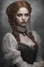 Placeholder: vampire Alexandra "Sasha" Aleksejevna Luss render eye candy style Artgerm Tim Burton, subject is a beautiful long ginger hair vampire with fangs biting a female's neck, romantic, close faces, bite, feed, victorian dress, victorian background style of in the Paris, 70mm, high detail, hyper detailed, photographic detail, UHD, unreal engine 5, headshot render, octane render, bokeh,