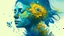 Placeholder: blue background, 18th century, double exposure, portrait Woman 43 years old, wind, flowers, tears, plants, yellow, blue, green, orange colors, bright, drops, detailed, fine drawing, high detail, high resolution, 8K, tattoo, city, double exposure,