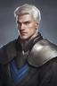 Placeholder: {{Man}}, Male, Olive Skin Tone, Short Hair, Silver Hair, Adult, Alan Ritchson, Facial Hair, {{Blue Eyes}}, Black Cloth Medieval Attire, Digital Art