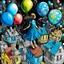 Placeholder: A girl in a blue dress standing tippy toe on the roof of building in chalk-drawn cityscape on a black board, holding a bunch of colorful primary colored balloons.She is standing on the roof of one of the houses, She appears carefree, soaring amidst the whimsical, artistic backdrop of houses.